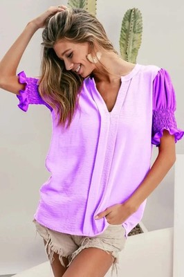 Accessories Trendsi BiBi Color Block Top Women's Casual V-Neck Puff Sleeve Shirt