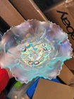 Super Ice Blue Northwood Carnival Glass Three Fruits Medallion Bowl Meander Back