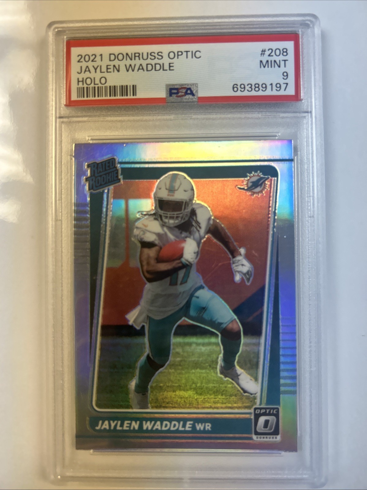 PSA 9 MINT JAYLEN WADDLE 2021 DONRUSS OPTIC HOLO ROOKIE RC #208 MIAMI DOLPHINS