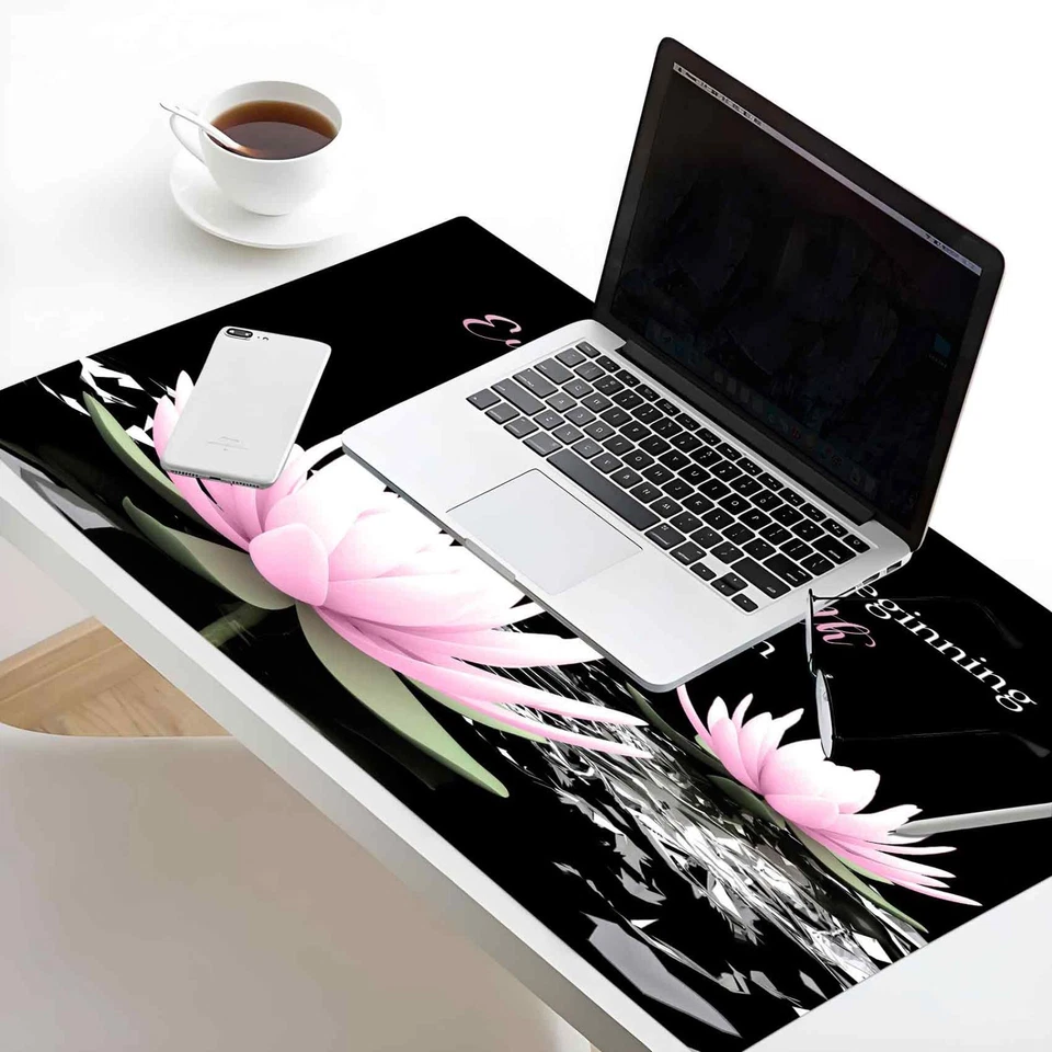 Zen Pink Water Lily Flower on Black Desk Mat for Keyboard and Mouse Desk Pad - Image 3 of 4