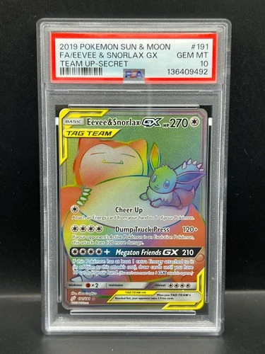 Pokemon PSA 10 GEM Eevee & Snorlax GX 191/181 Team Up Secret FA Holo 2019 S#9492