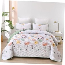 Floral Quilt Set Size,Bedspread Botanical 3 Pieces Fall Queen Sage Green