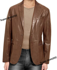 Mens Brown Lambskin Leather Blazer Formal Business Tailored Fit Smart Office Fit