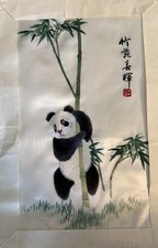 Chinese Silk Embroidery Panda & Bamboo Wall Scroll, Unframed Calligraphy