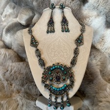 Vintage Taxco Mexico Sterling Silver Turquoise Coral Necklace & Earrings Set