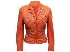 Vintage Orange Gianni Versace Studded Leather Jacket Skirt Set Size US S