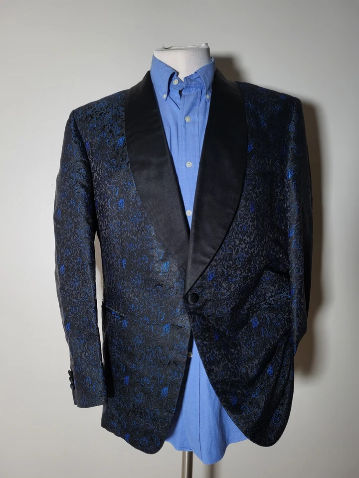 Chaqueta Blazer Esmoquin Vintage 40S Negro Azul Floral Tapiz Jacquard Chal Solapa Foto 2 de 4
