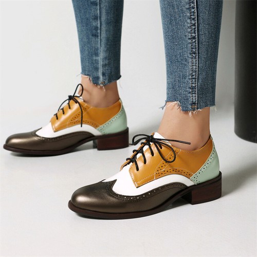 Retro Womens Lace UP Pointed Toe Carved Mid Heels Oxfords Brogues Shoes Fashion - Picture 24 of 27