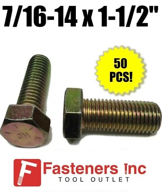 BRIGHTON BEST (Qty 50) 7/16-14 x 1 1/2" Hex Bolt Zinc Plated Grade 8 Cap Screw Full Thread