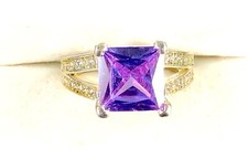 925 STERLING SILVER PRINCESS CUT AMETHYST  CRYSTAL RHINESTONE RING SIZE 6.5