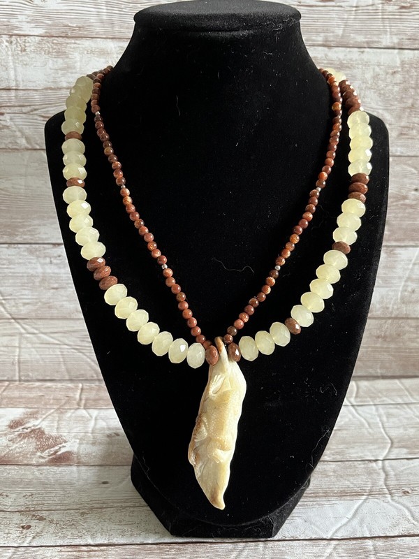 Carved Frog On Leaf Earth Tone Beaded Necklace 925 Sterling Silver Clasp
