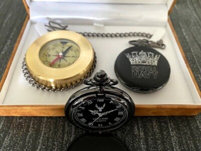 PERSONALISIERTE ROYAL NAVY Taschenuhr und Kompass Gravur NAVAL Geschenkset