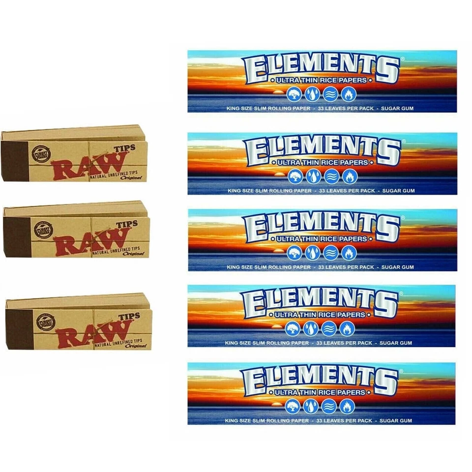 5x ELEMENTS KING SIZE Slim Rolling Ultra Thin Papers + 3x RAW ROACH TIPS Paper