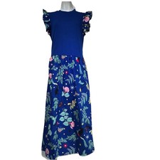 maxi abito donna latino heritage mese blu uccellini floreale manica lunga corta L