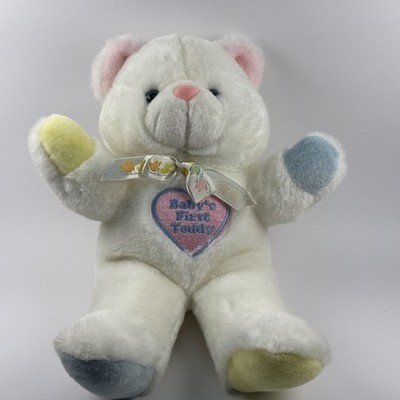 Baby's First 1st Teddy bear plush rattle white blue heart pink yellow bird bow