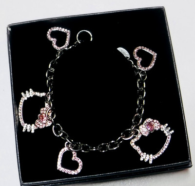 Hello Kitty 925 Sterling Silber Sanrio Armband 5 Herz Strass Charms Stab 7