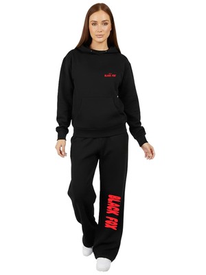 Damen-Trainingsanzug Hoodie Jogginghose offener Saum schwarz Fuchs-Druck Fitnessstudio Loungewear Geschenk XS-L