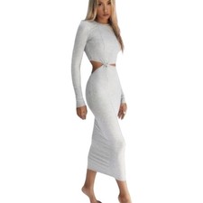 ALL THINGS GOLDEN Grey Ribbed Knit Twist Cutout Long Sleeve Midi Dress Size S