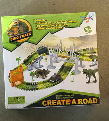 Toyk Create A Road Dino Track 144 Pieces 2 Dinosaurs 2 Battery Cars Bridge Set