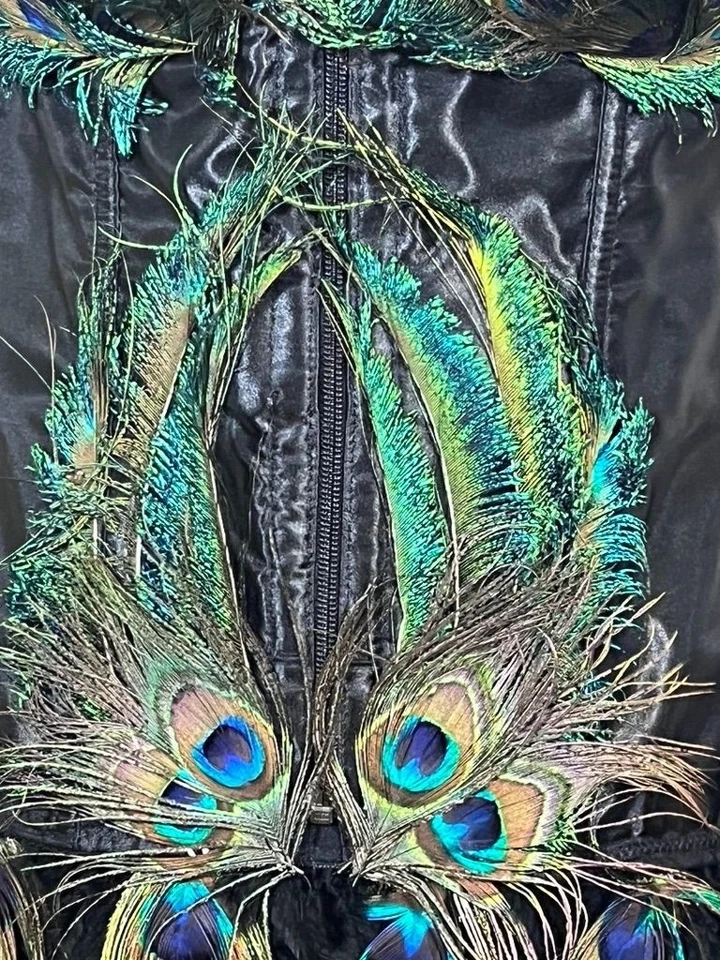 Fantasy Masquerade Peacock Feather Corset Dress Burlesque Gothic Steampunk Hi Lo - Image 3 of 4
