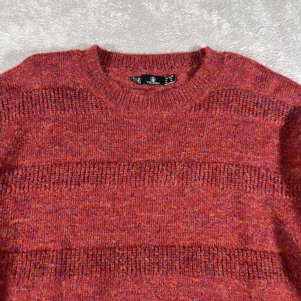Volcom Sweater Womens XL Red Striped Crewneck Pullover Textured Knit Winter - Image 2 of 4
