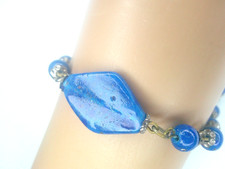 Blue Glass Bracelet Ceramic Beaded Pull-on Silver Tone Boho Handmade Stackable