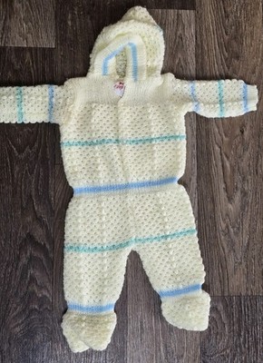 Vintage Elsy Baby Knit Romper Hooded Yellow Blue Striped 0 6 Months