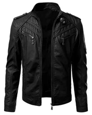 Men's Real Genuine Sheepskin Black Leather Jacket Retro Classic Fit Biker Style