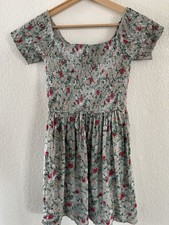 Green Red Floral Smocked Fit Flare Dress Scoop Neck Short Sleeve Size M