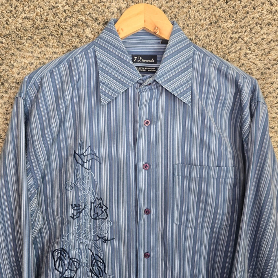 7 Diamonds Shirt Mens Large Blue Striped Button Up Embroidered Cotton Blend - Image 4 of 4