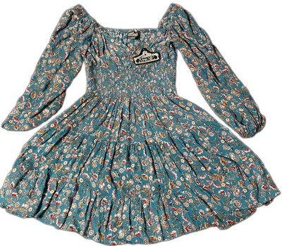 Angie Small Turquoise Long Sleeve Floral Boho Dress  NWT