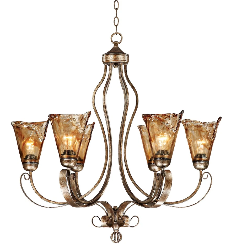 Lámpara de araña de bronce con pergamino ámbar 31 1/2" de ancho de vidrio artístico 6 luces de cocina Foto 2 de 4