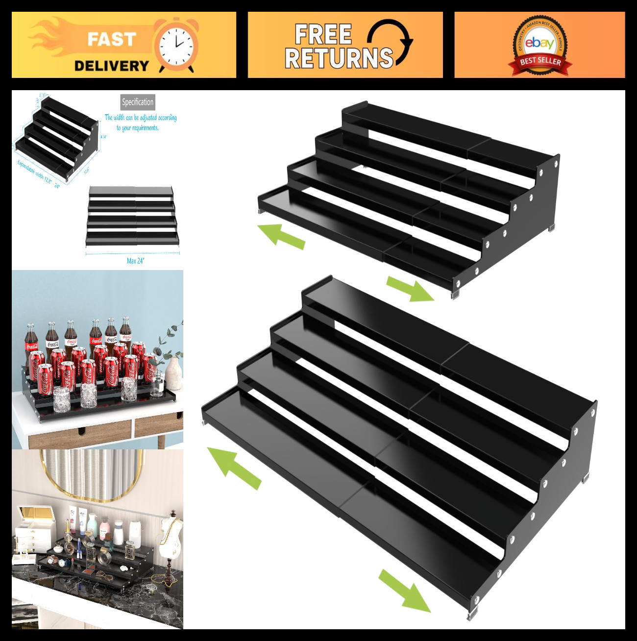 Expandable 4-Tier Spice Rack Organizer - Non-Skid Kitchen Storage Shelf, 2 Packs