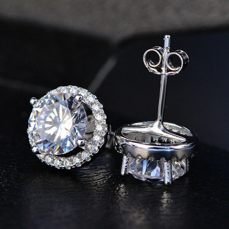 2CT Simulated Diamond Round Cut hallo stud Earrings in 14k White Gold Plated - Image 3 of 4