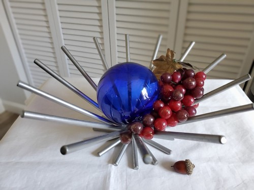 VTG MCM Silver Metal Fruit Bowl Basket Spiked Industrial Minimalist Decor 12" - Picture 10 of 10
