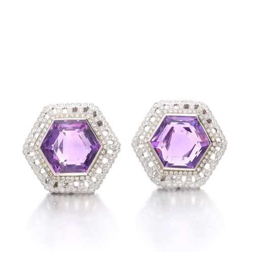 Clous D Oreilles Or Blanc 18k Amethyste Violet 0 04 Ct 10 Pierres W Si 555986