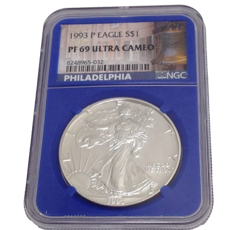 1993-P Proof American Silver Eagle NGC PF69 Ultra Cameo Blue Core Holder Label