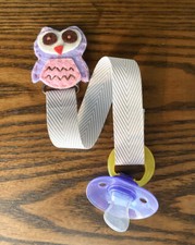 OWL Ribbon Baby Pacifier holder clip strap, binky, paci leash-Handmade-Free Ship