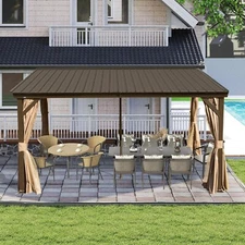 Domi 10x14FT Hardtop Gazebo Against Wall w/Sloping Steel Roof,Curtains&Netting