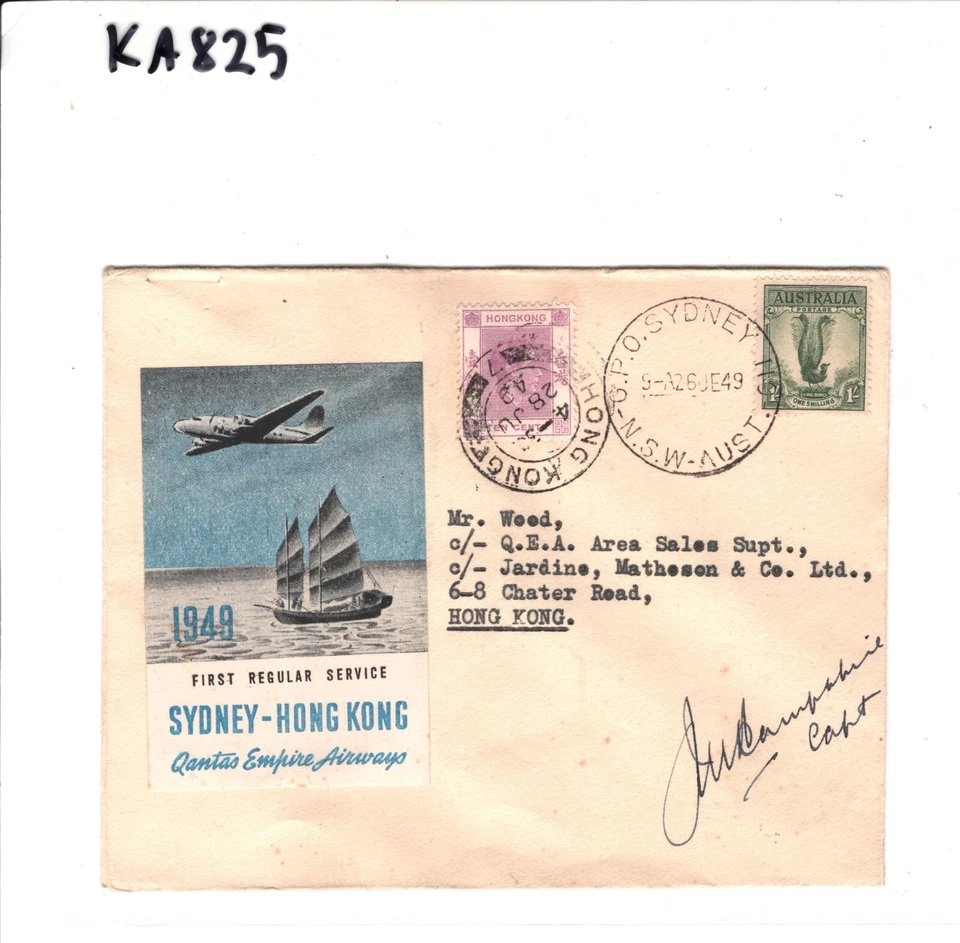 AUSTRALIA Air Mail Cover QANTAS FIRST FLIGHT HONG KONG Pilot Signed 1949 KA825 - Image 3 of 4