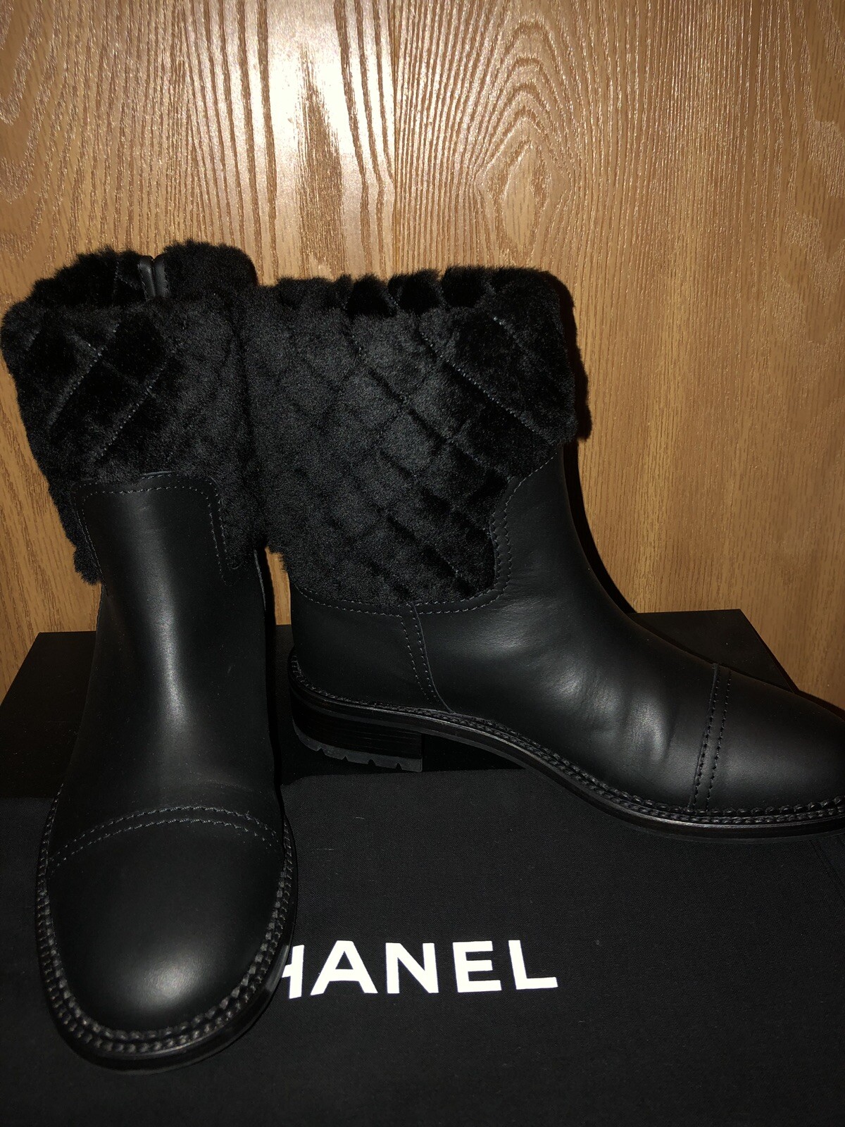 AUTH Chanel Black Quilted Shearling Trim CC Logo Short Leather Boots Shoes 39.5 image 10
