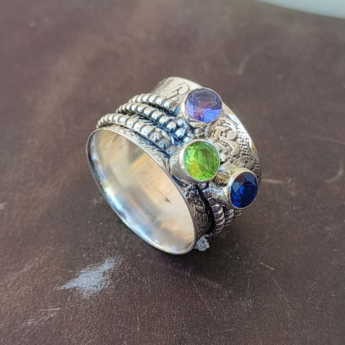 Amethyst & Peridot Ring 925 Sterling Silver Handmade Spinner