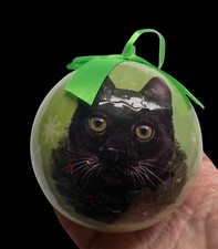 Black Cat Green Christmas Ornament With Snowflakes  Ribbon Accent Double Sided