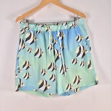 Cheeky Chickadee mens swim shorts trunks 34 blue fish print stretch aus 088946