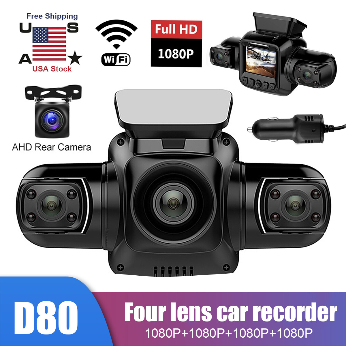 4 Channel 360° Dash Cam With 2.4" Screen & 64GB Card - 1080P Front/Rear/Interior/Side Recording