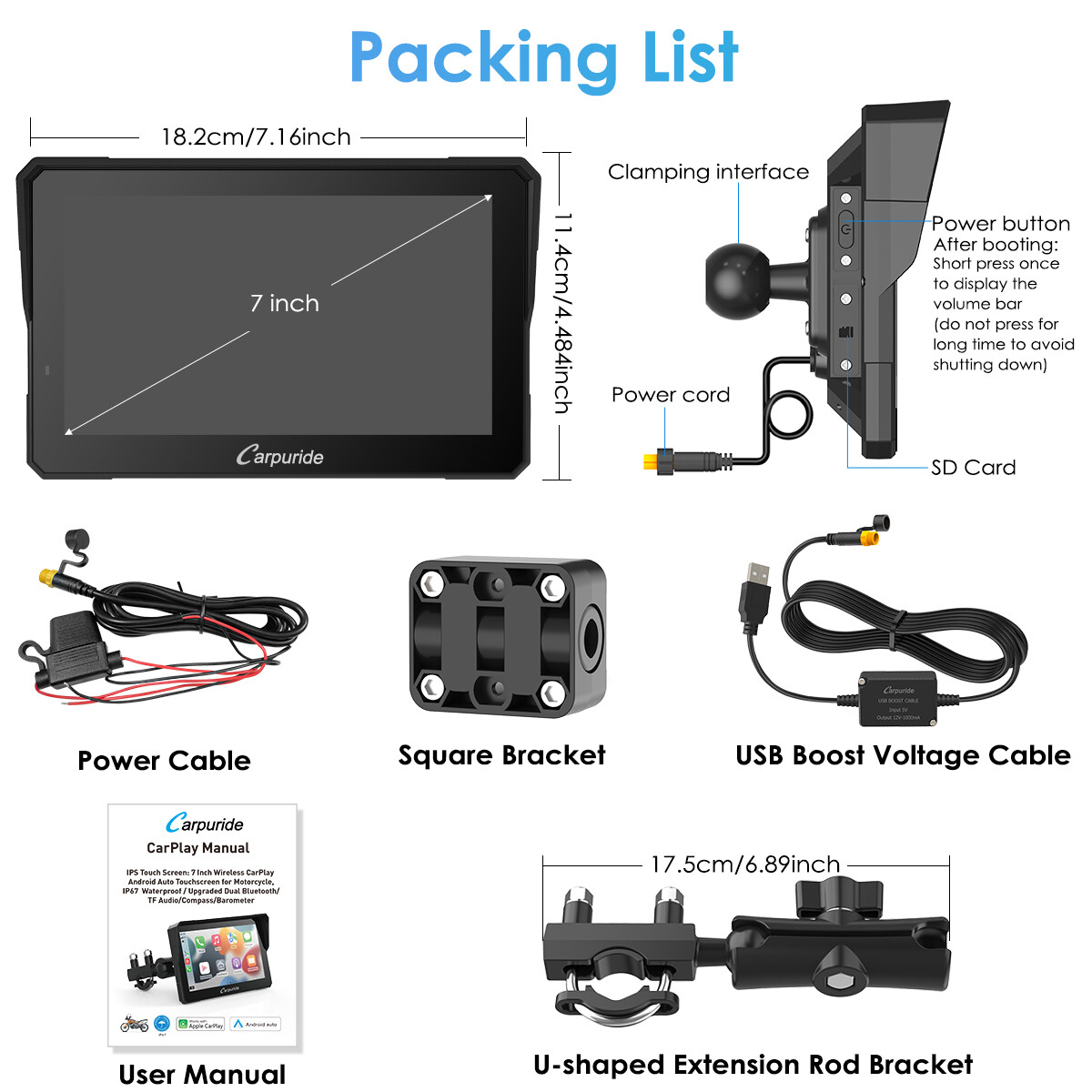 Carpuride W702Pro 7" Motorcycle & Car Stereo - Wireless Apple CarPlay, Android Auto, & Intercom