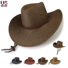 Mens Summer Wide Brim Fishing Hat Straw Panama Cap Fedora Sun Visor Hiking Beach
