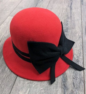 Women s Retro Vintage Cloche Hat Red Felt Flapper Hat Bow Accent Costume Derby