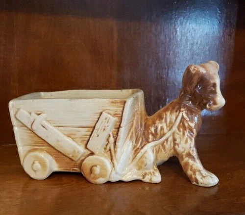 Vintage McCoy Art Pottery Dog Pulling Wagon Planter Pot Flaw