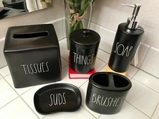 Rae Dunn Bathroom Washroom Restroom Vanity Set Soap Dish Dispenser Tissue Box
